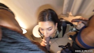 They take the salesgirl to a booth and fuck her